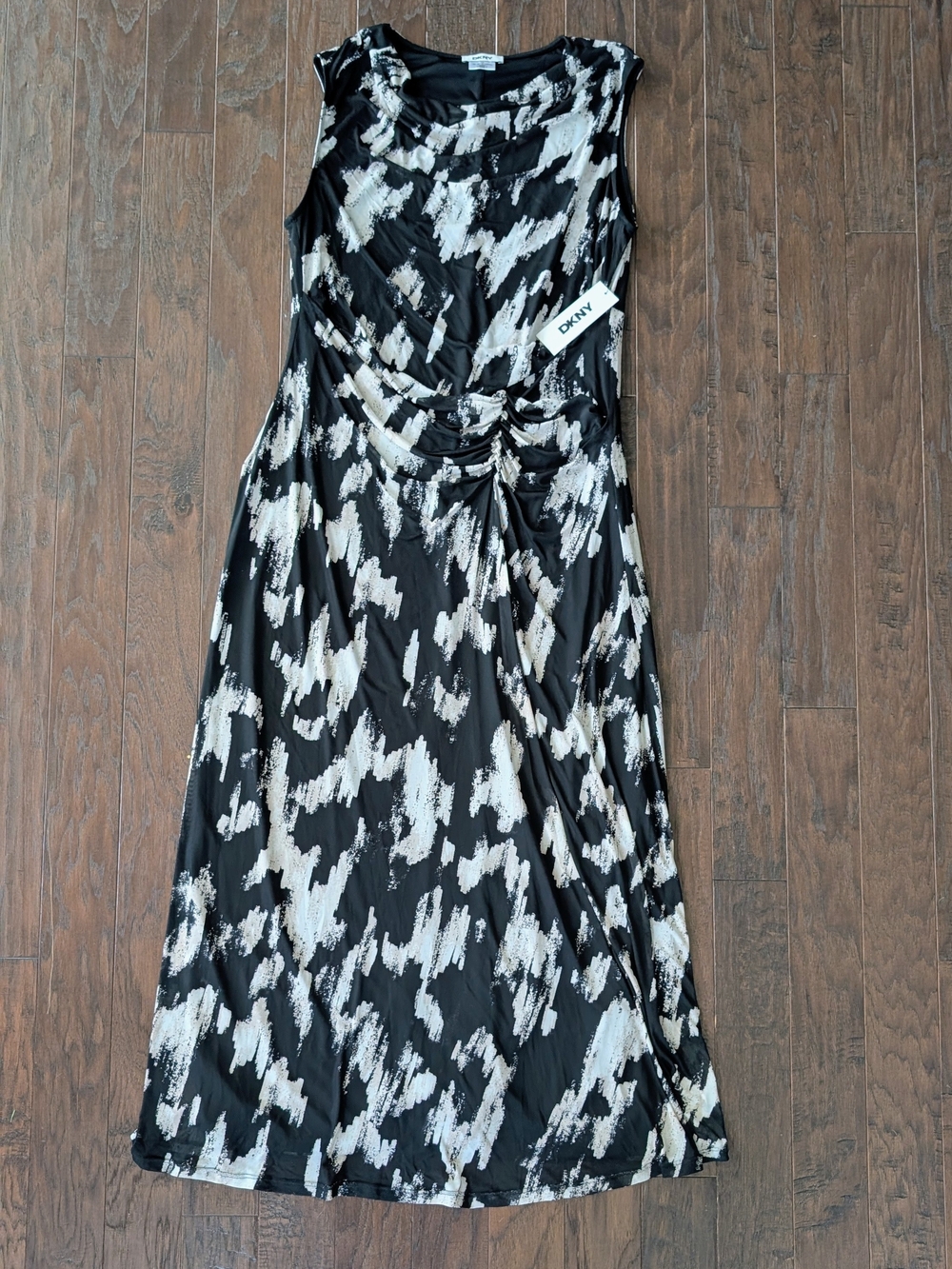 NEW DKNY Sleeveless Black and Cream Abstract Print Mesh Maxi Dress - Picture 9 of 16